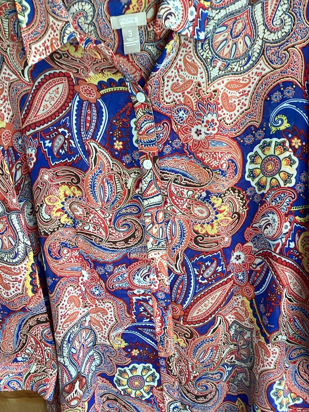Chico's Multicolor Paisley Button-Up Blouse — Blue & Coral Accents
